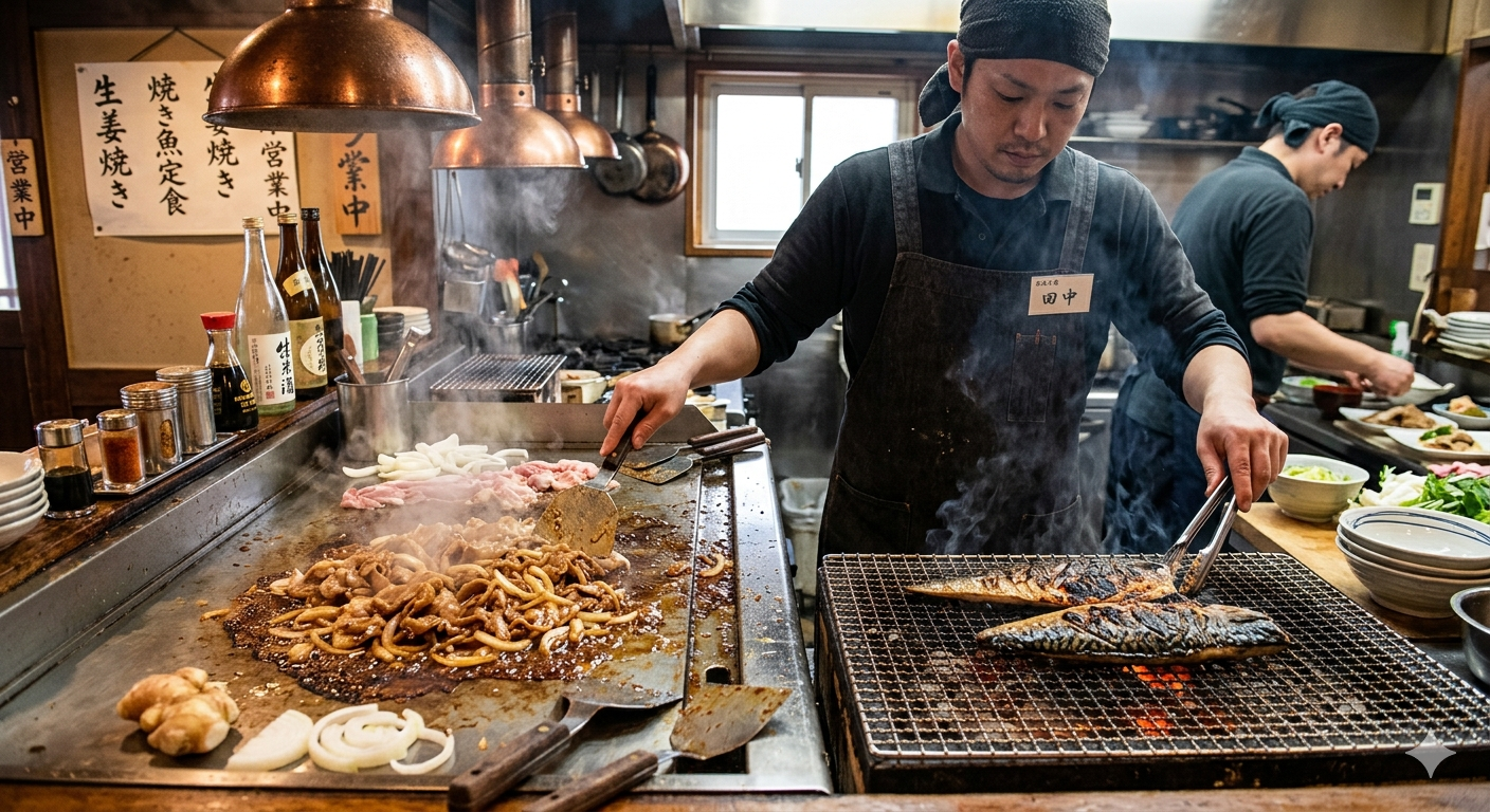 厨房で焼き物を仕込む様子